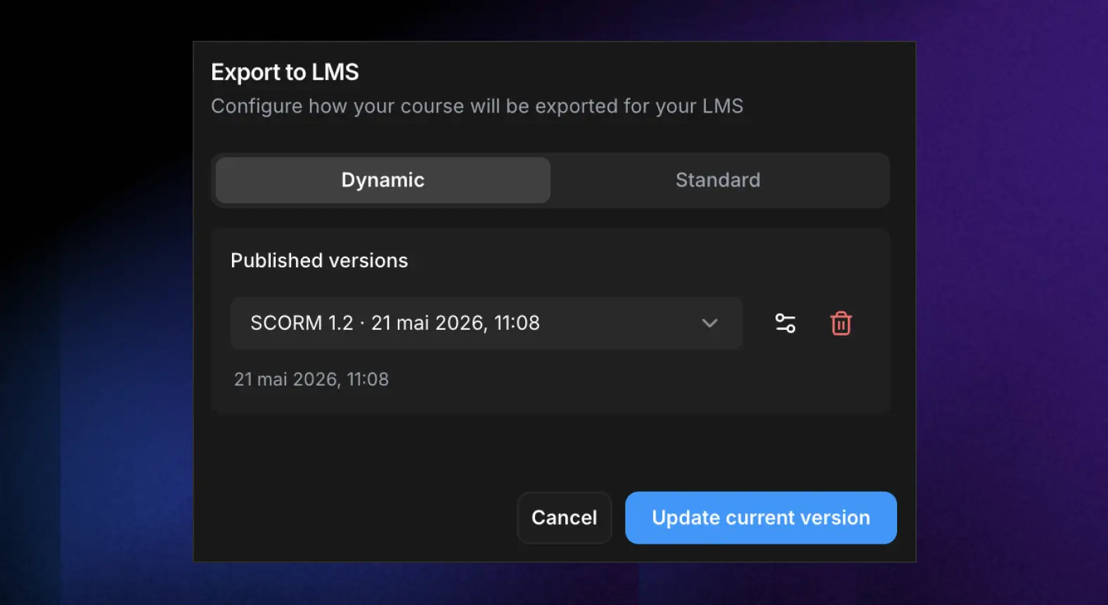 ScormStack dynamic SCORM dialog showing an existing version ready to update