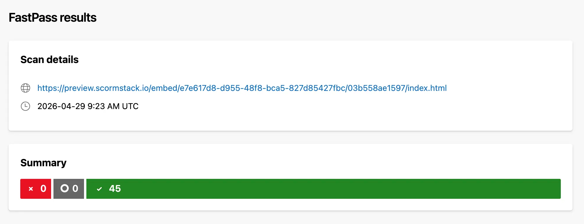 Accessibility Insights FastPass report showing 0 failed, 0 incomplete, and 45 passed checks for a ScormStack course
