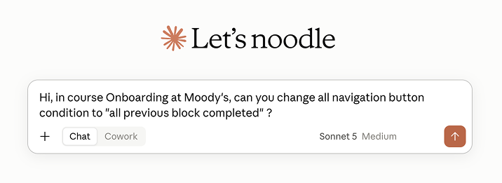 A request in Claude to update the navigation button conditions in a ScormStack onboarding course.